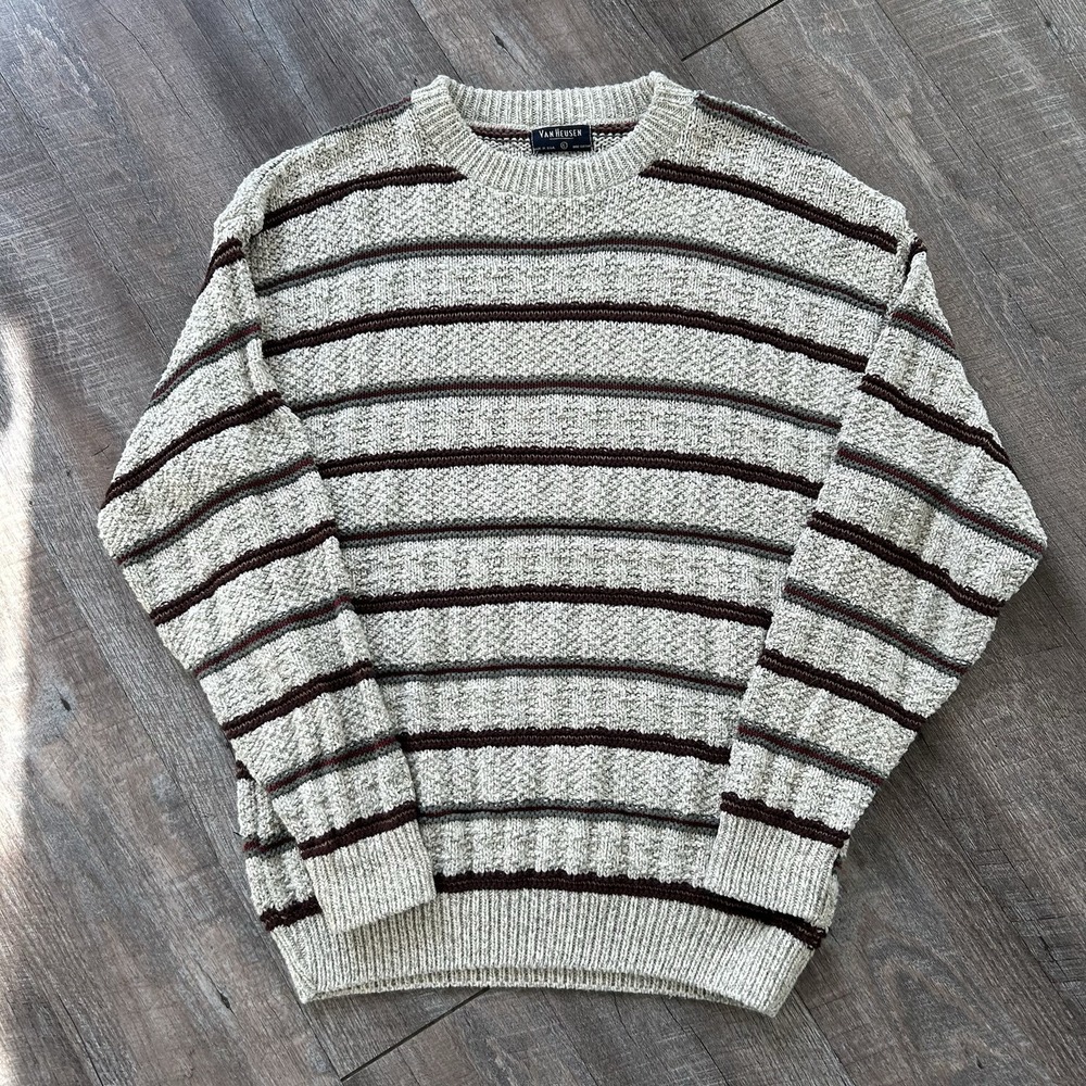 Vintage Van Heusen Striped Textured Knit Crewneck Sweater 100% Cotton USA Made L
